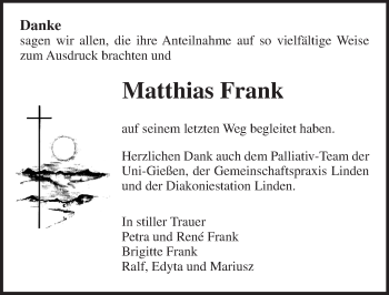 Traueranzeige von Matthias Frank von  Gießener Anzeiger