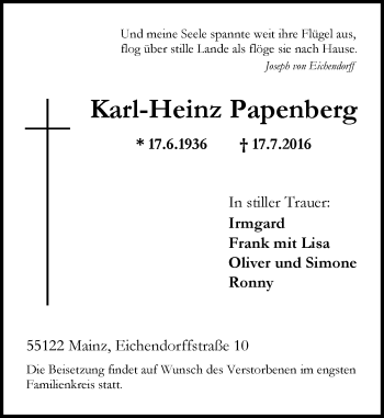Traueranzeige von Karl-Heinz Papenberg von Trauerportal Rhein Main Presse Traueranzeige von Karl-Heinz Papenberg von Trauerportal Rhein Main Presse