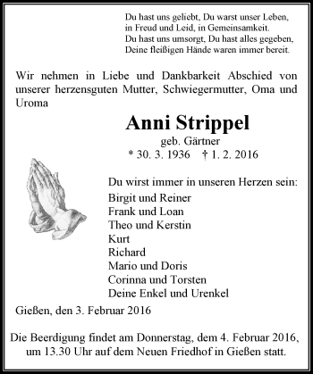 Traueranzeige von Anni Strippel von  Gießener Anzeiger
