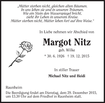 Traueranzeige von Margot Nitz von  Mainspitze
