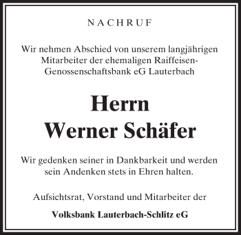 Traueranzeige von Werner Schäfer von VRM Trauer