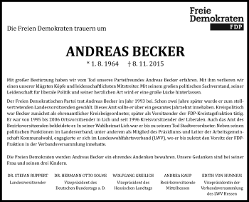 Traueranzeige von Andreas Becker von  Gießener Anzeiger