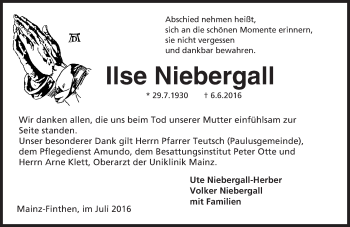 Traueranzeige von Ilse Niebergall von Trauerportal Rhein Main Presse