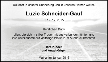 Traueranzeige von Luzie Schneider-Gauf von  Allgemeine Zeitung Mainz