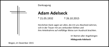 Traueranzeige von Adam Adelseck von  Allgemeine  Zeitung Ingelheim-Bingen
