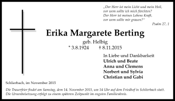 Traueranzeige von Erika Margarete Berting von  Gelnhäuser Tageblatt