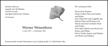 Traueranzeige von Werner Weisenborn von  Allgemeine Zeitung Mainz
