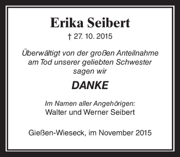 Traueranzeige von Erika Seibert von  Gießener Anzeiger