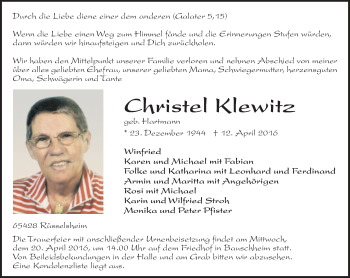 Traueranzeige von Christel Klewitz von trauer.echo-online.de