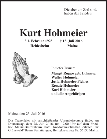 Traueranzeige von Kurt Hohmeier von Trauerportal Rhein Main Presse