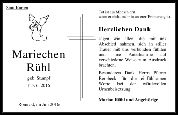 Traueranzeige von Mariechen Rühl von  OK Oberhessen Kurier