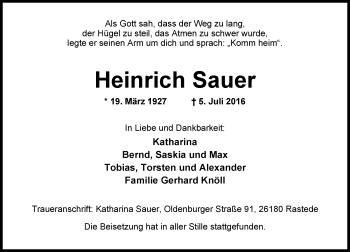 Traueranzeige von Heinrich Sauer von VRM Trauer
