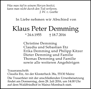 Traueranzeige von Klaus Peter Demming von Trauerportal Rhein Main Presse Traueranzeige von Klaus Peter Demming von Trauerportal Rhein Main Presse