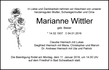 Traueranzeige von Marianne Wittler von  WK-UTA/Aar-Bote
