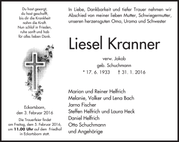 Traueranzeige von Liesel Kranner von  Kreisanzeiger