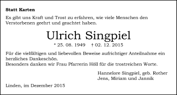 Traueranzeige von Ulrich Singpiel von  Gießener Anzeiger