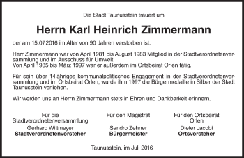 Traueranzeige von Karl Heinrich Zimmermann von Trauerportal Rhein Main Presse