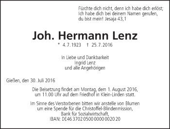 Traueranzeige von Hermann Lenz von  Gießener Anzeiger