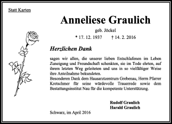 Traueranzeige von Anneliese Graulich von  OK Oberhessen Kurier