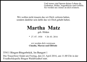 Traueranzeige von Martha Matz von  Allgemeine  Zeitung Ingelheim-Bingen