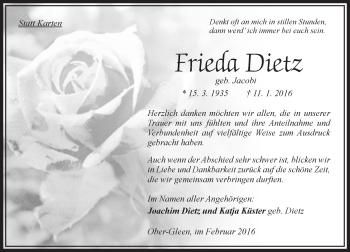 Traueranzeige von Frieda Dietz von  OK Oberhessen Kurier