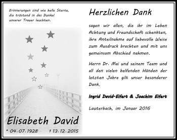 Traueranzeige von Elisabeth David von  OK Oberhessen Kurier
