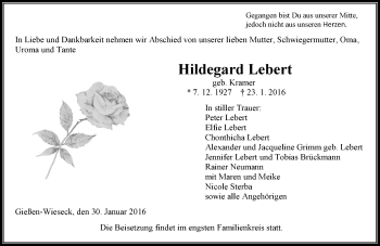 Traueranzeige von Hildegard Lebert von  Gießener Anzeiger