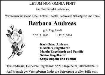 Traueranzeige von Barbara Andreas von  Allgemeine  Zeitung Ingelheim-Bingen