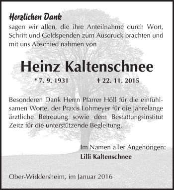 Traueranzeige von Heinz Kaltenschnee von  Sonntags Anzeiger