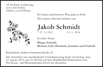Traueranzeige von Jakob Schmidt von  Mainspitze Traueranzeige von Jakob Schmidt von  Mainspitze
