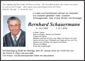 Traueranzeige von Bernhard Schauermann von  Kreisanzeiger