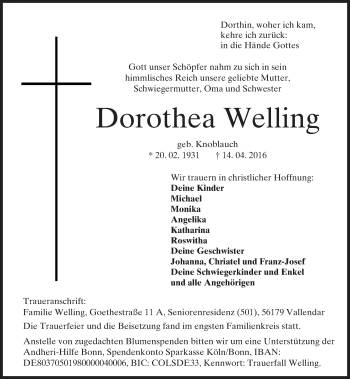 Traueranzeige von Dorothea Welling von  Allg. Zeitung Bad Kreuznach