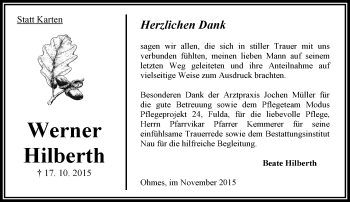 Traueranzeige von Werner Hilberth von  OK Oberhessen Kurier