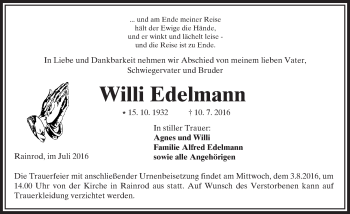 Traueranzeige von Willi Edelmann von  Kreisanzeiger