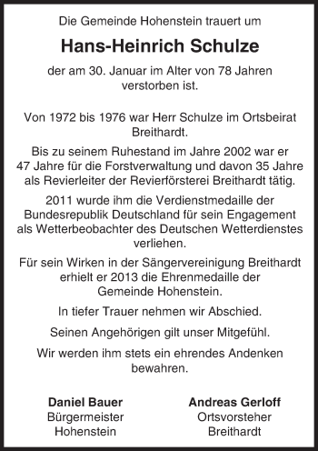 Traueranzeige von Hans-Heinrich Schulze von  WK-UTA/Aar-Bote