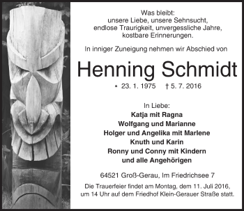 Traueranzeige von Henning Schmidt von Trauerportal Echo Online