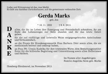 Traueranzeige von Gerda Marks von VRM Trauer