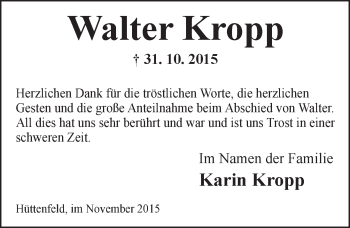 Traueranzeige von Walter Kropp von  Bürstädter Zeitung