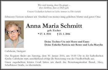 Traueranzeige von Anna Maria Schmitt von  Allgemeine Zeitung Alzey
