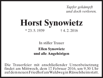 Traueranzeige von Horst Synowietz von  Mainspitze