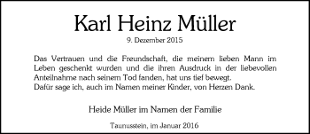 Traueranzeige von Karl Heinz Müller von  WK-UTA/Aar-Bote