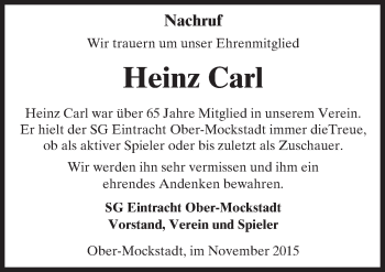 Traueranzeige von Heinz Carl von  Kreisanzeiger