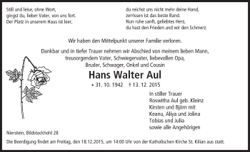 Traueranzeige von Hans Walter Aul von  Landskrone