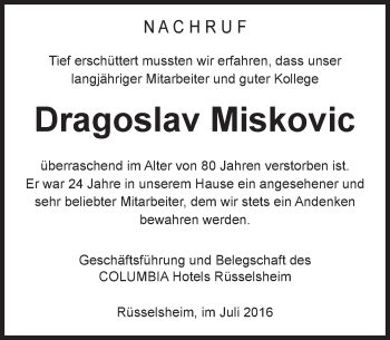Traueranzeige von Dragoslav Miskovic von Trauerportal Rhein Main Presse