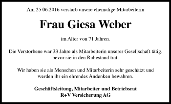 Traueranzeige von Giesa Weber von Trauerportal Rhein Main Presse