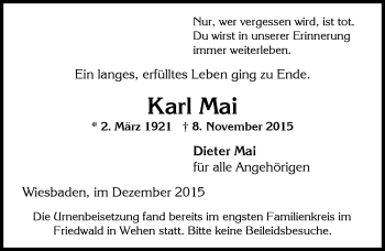 Traueranzeige von Karl Mai von  Wiesbaden komplett