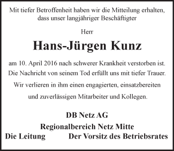 Traueranzeige von Hans-Jürgen Kunz von trauer.rmp.de