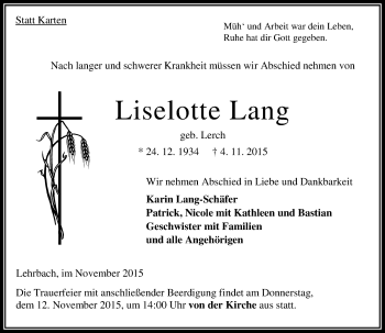 Traueranzeige von Liselotte Lang von VRM Trauer