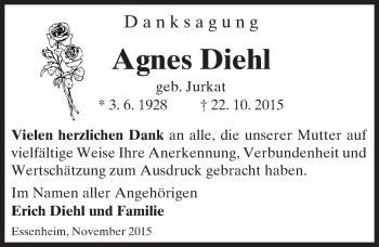 Traueranzeige von Agnes Diehl von  Allgemeine Zeitung Mainz