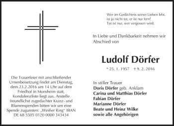 Traueranzeige von Ludolf Dörfer von  Allgemeine Zeitung Alzey